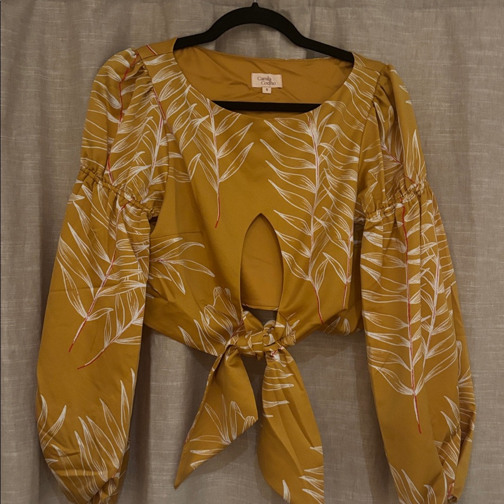 Camila Coelho Yellow Leaf Print Tie-Front Blouse